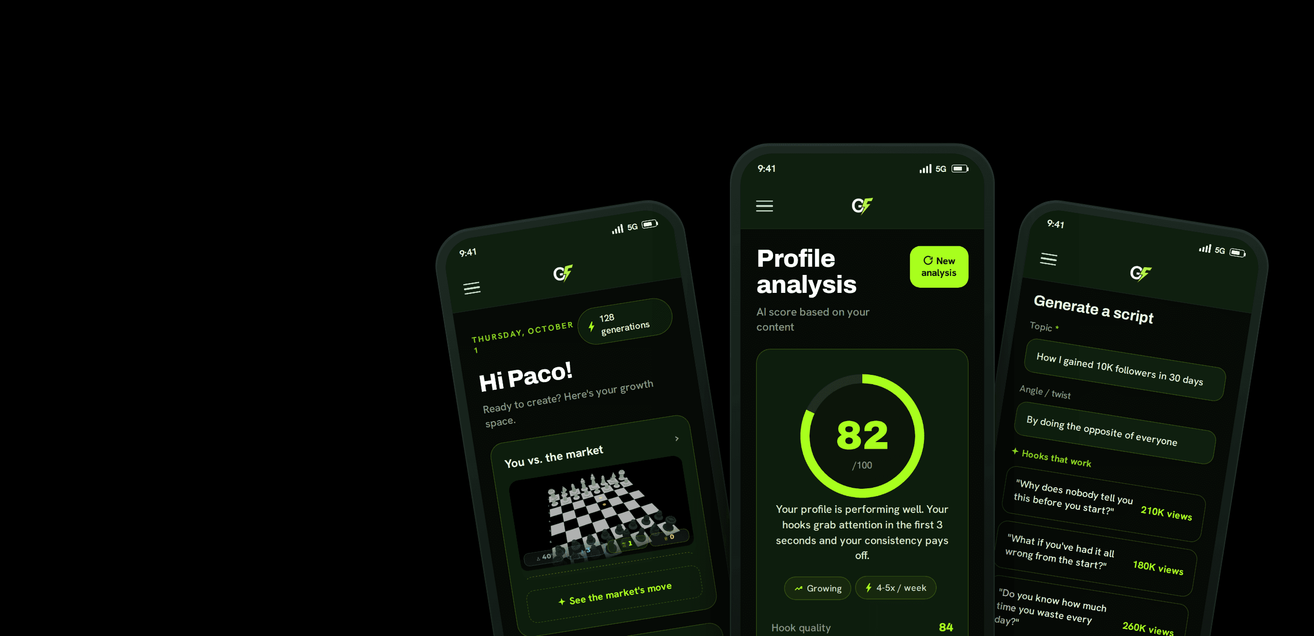 GrowFast app screens: home dashboard, AI profile analysis, and script generator